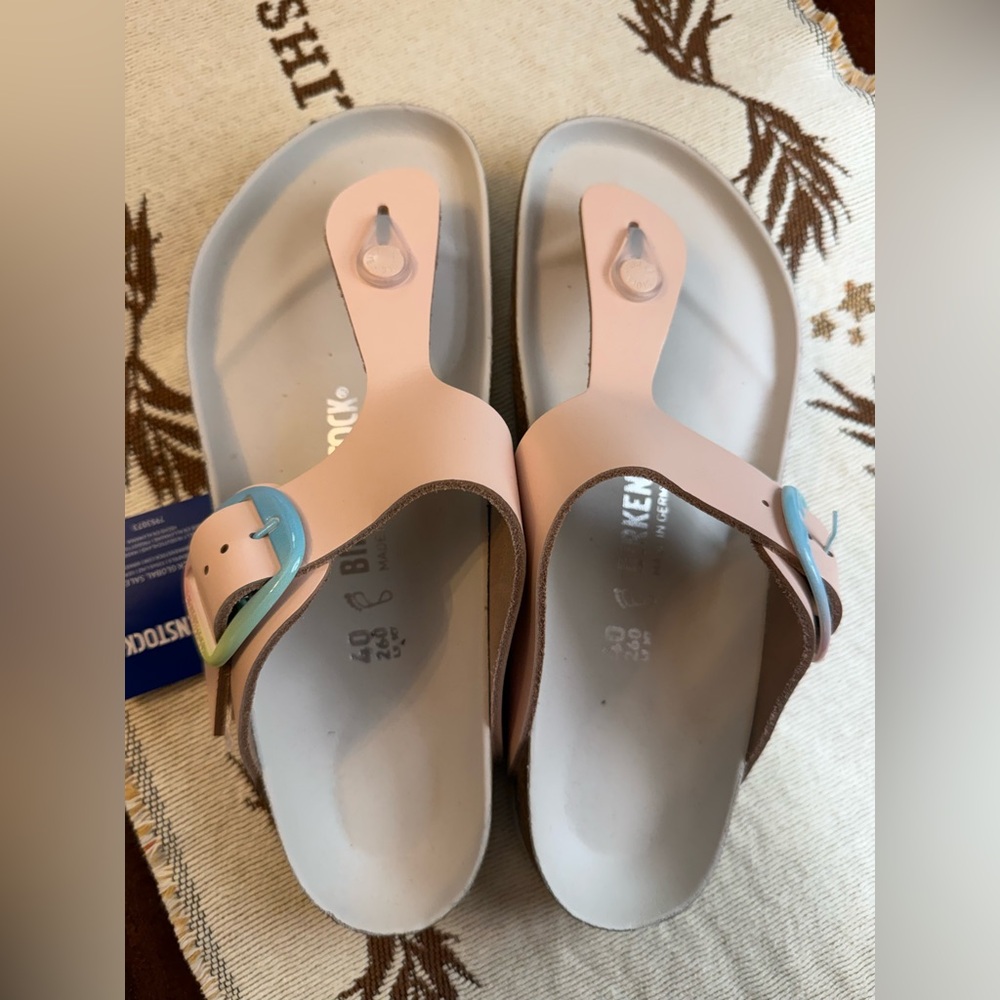 Birkenstock Blush Pink Thong Sandals with Light Blue Buckles